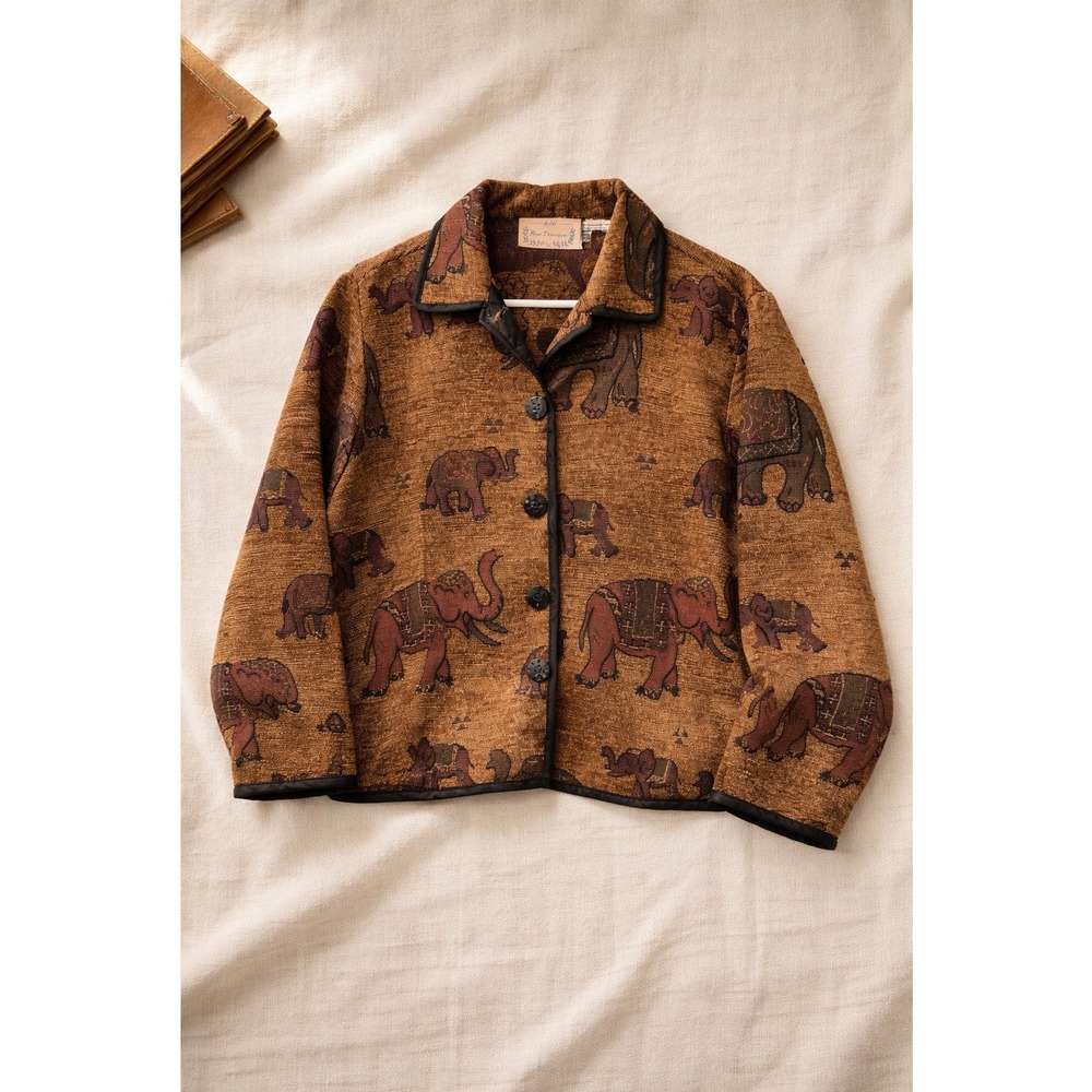 Vintage Elephant Tapestry Jacket Cotton‎ India Boho Cropped Button L Art Boxy Sz